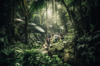 人们穿过热带雨林树树木