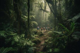 人们穿过热带雨林路过风景