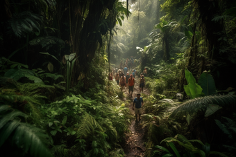 人们穿过<strong>热带雨林</strong>通过树
