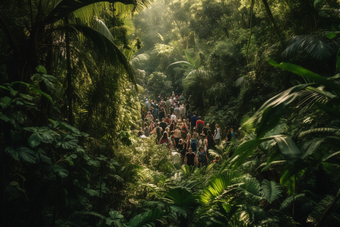 人们穿过<strong>热带雨林</strong>路过树