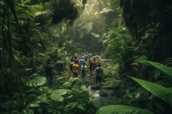 人们穿过<strong>热带雨林</strong>通过植物