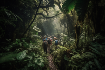 人们穿过<strong>热带雨林</strong>通过氛围