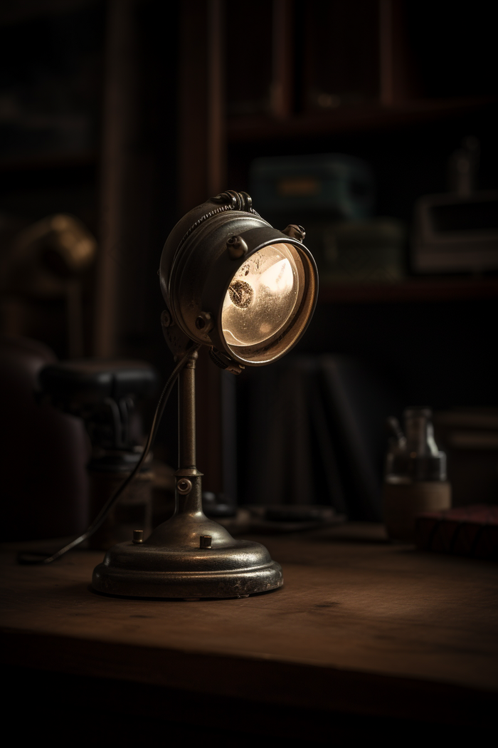 木桌上的老式台灯质感拍摄