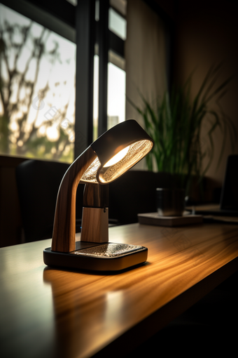 木质桌子上的现代台灯质感暗光