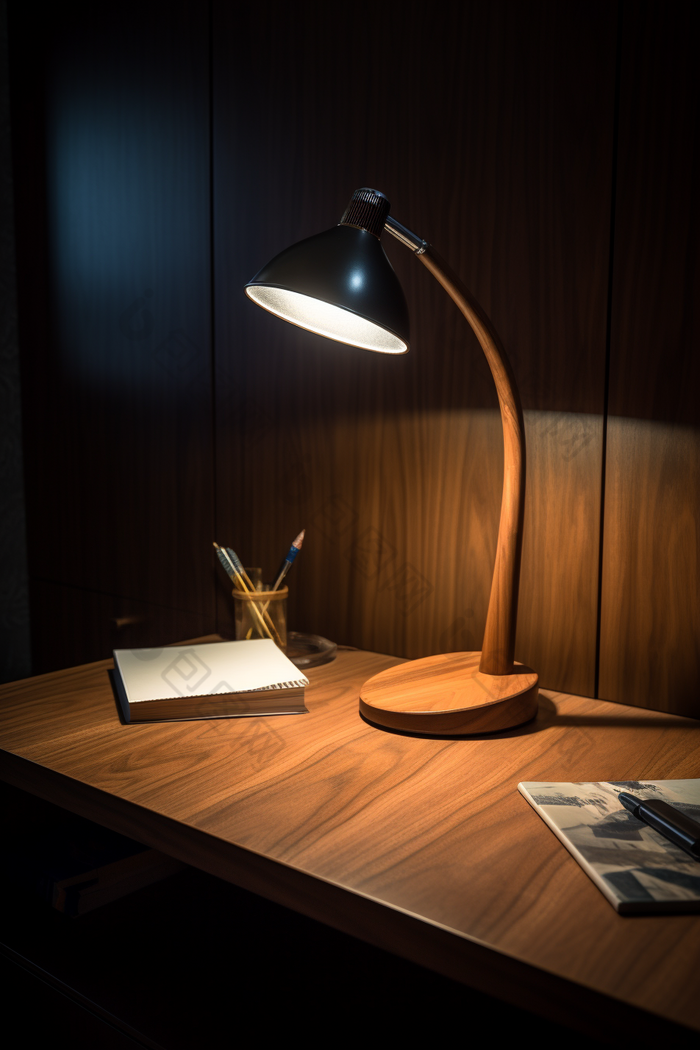木质桌子上的现代台灯拍摄高清