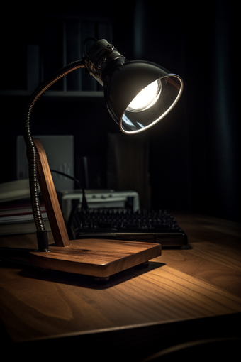 木质桌子上的现代台灯拍摄视觉