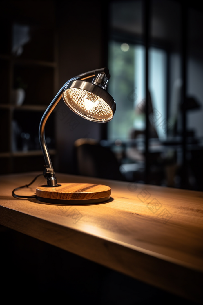 木质桌子上的现代台灯氛围暗光
