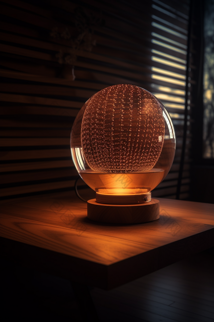 木质桌子上的未来科技台灯质感暗光