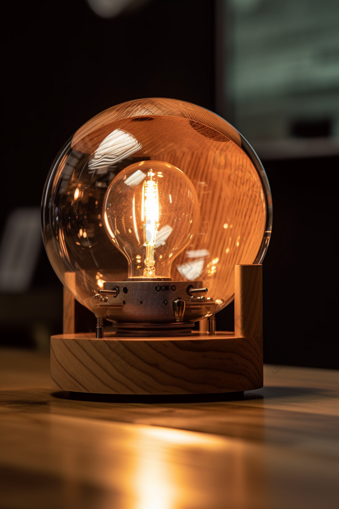 木质桌子上的未来科技台灯质感高清