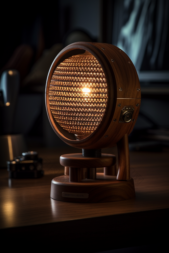 木质桌子上的未来科技台灯质感氛围
