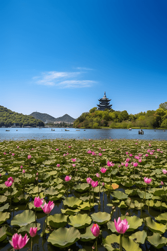 夏季莲花塔建筑湖水塔夏天荷叶