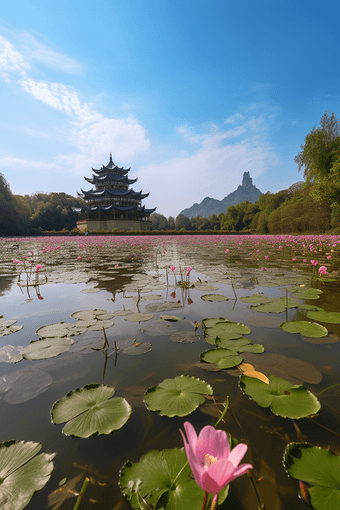 夏季莲花塔建筑湖水塔夏天面