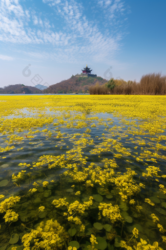 春季湖水塔建筑湖面杭州