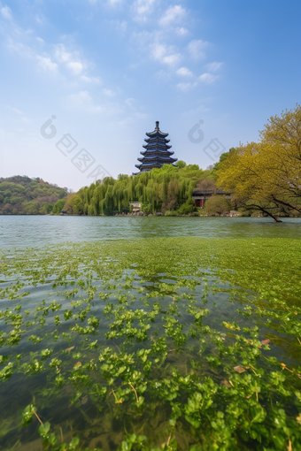 春天湖水塔建筑湖面树叶