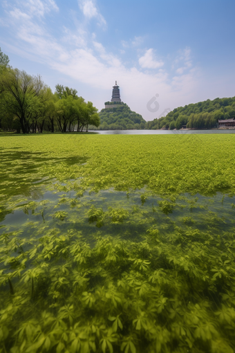 春天湖水塔建筑湖面绿色