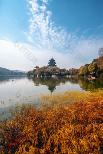 秋天的湖水塔建筑摄影图数字艺术7