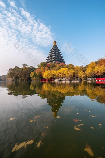 秋天的湖水塔建筑摄影图数字艺术8