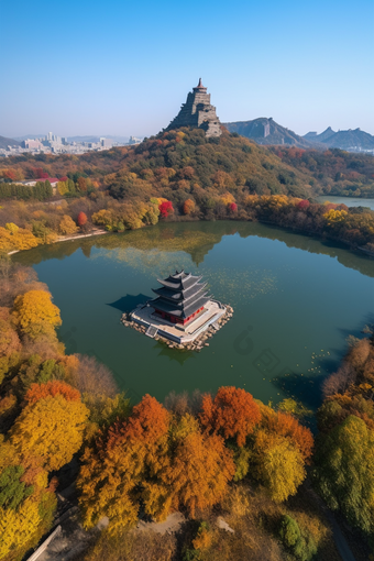 秋天的湖水塔建筑景区杭州景点