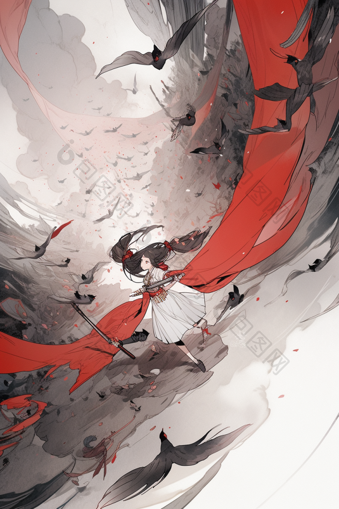 水墨风武侠女孩数字插画图片-包图网