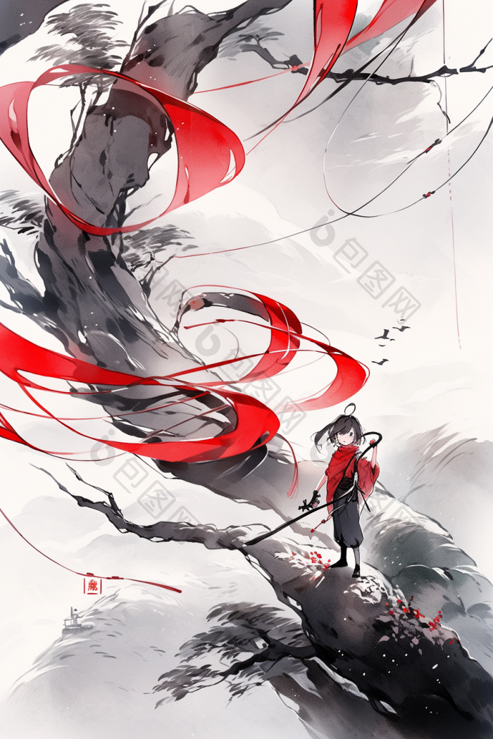 水墨风武侠男孩侠客史诗插画图片-包图网