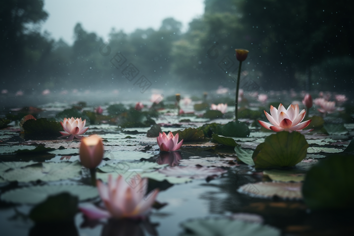 水里的莲花降水风景