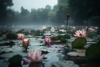 水里的莲花降水风景