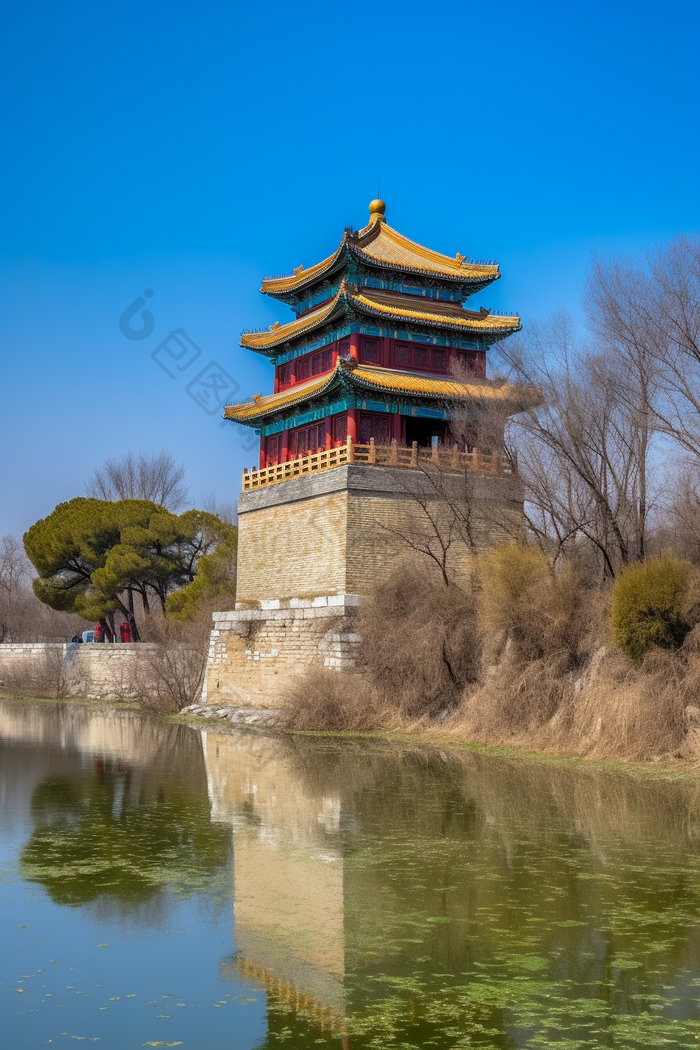 春季中国古代建筑城楼春天高级