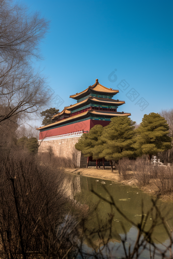 春季中国古代建筑城楼充满活力高级