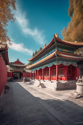 秋季中国古代建筑城楼生机活力