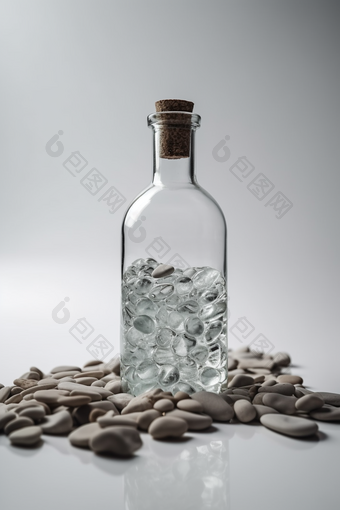 装满水和石头的玻璃瓶内部瓶子