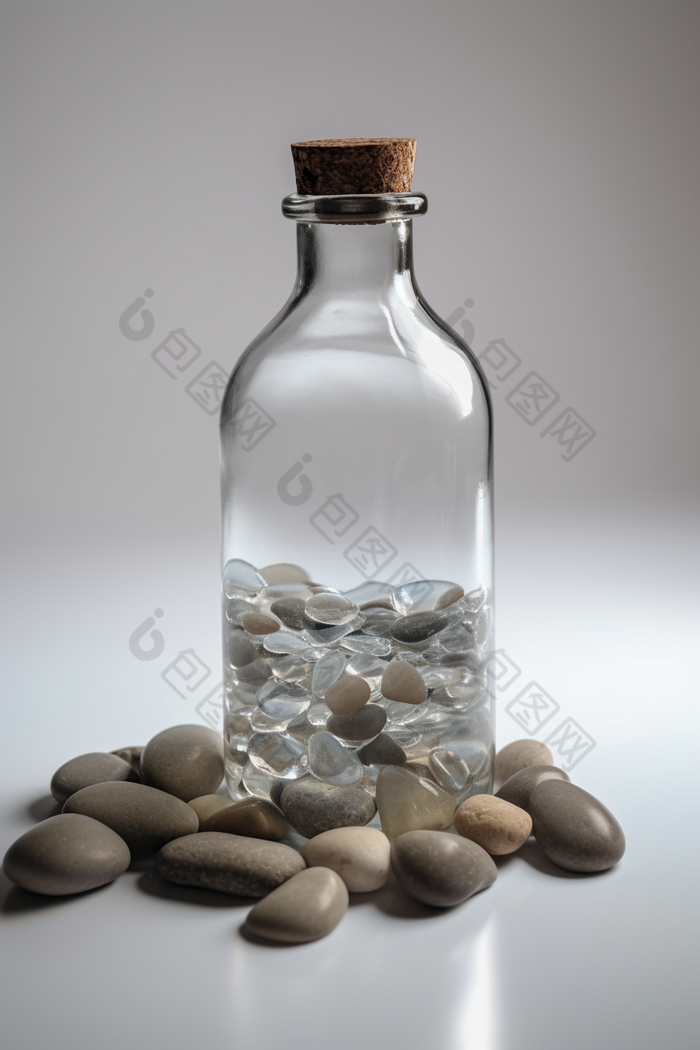 装满水和石头的玻璃瓶简洁清澈