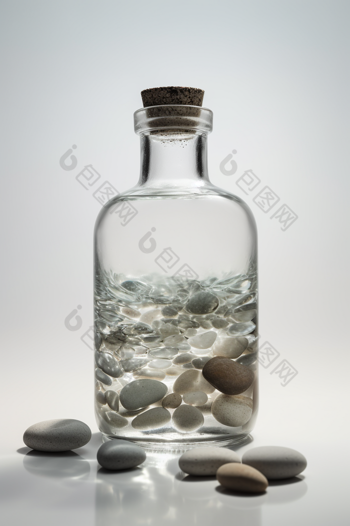 装满水和石头的玻璃瓶内部白色