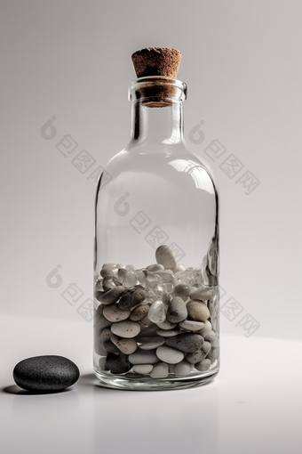 装满水和石头的玻璃瓶内部清澈