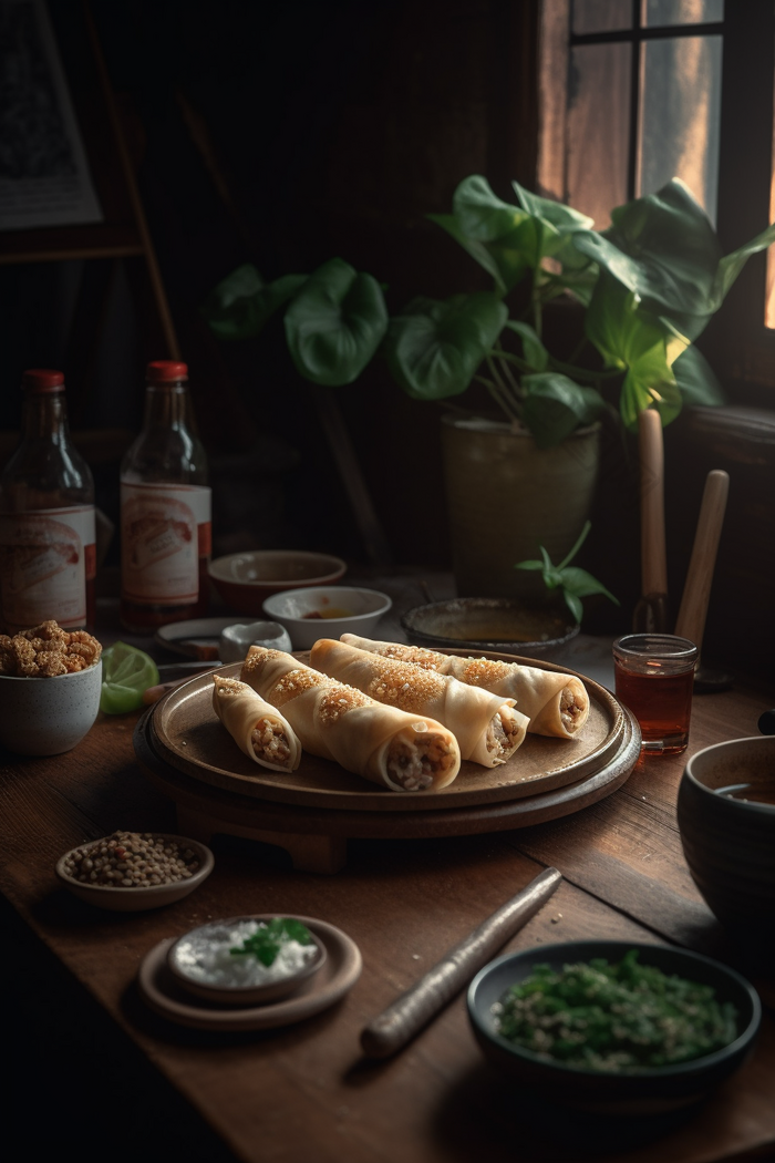 桌子上的美食春卷食物地方美食