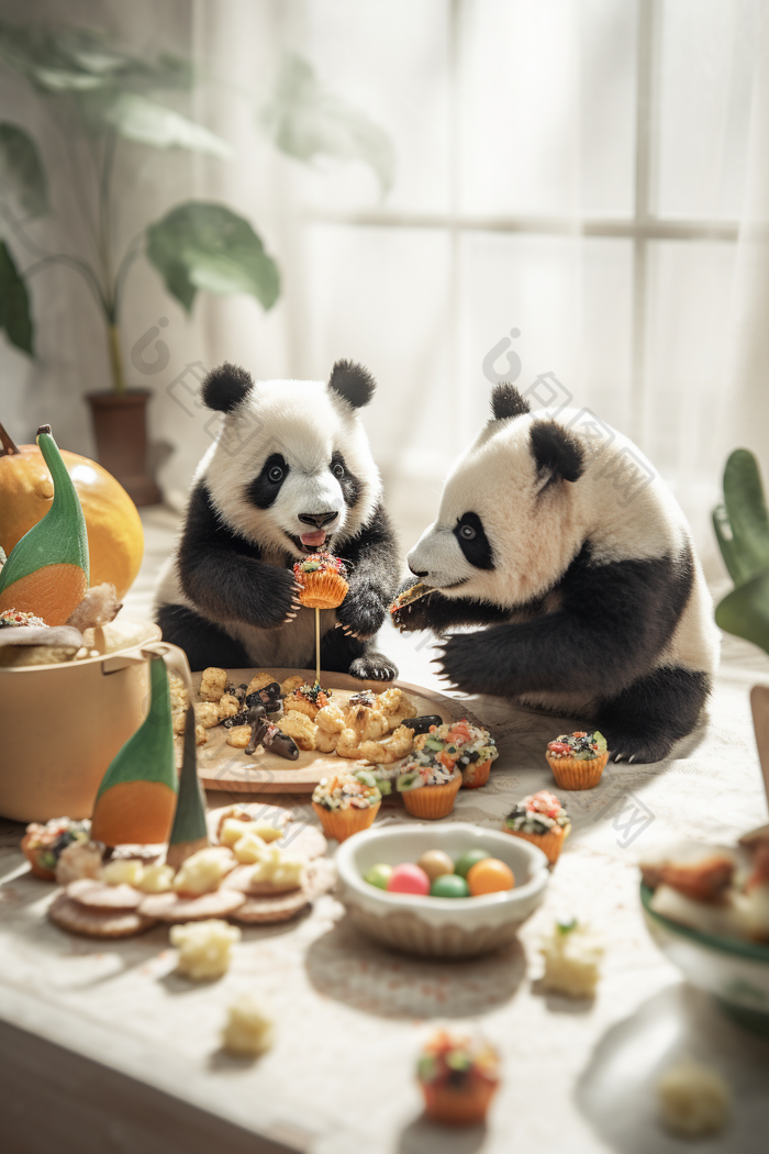 可爱大熊猫和水果小清新食物萌宠