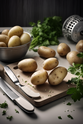 厨房菜板上的土豆切片蔬菜高清
