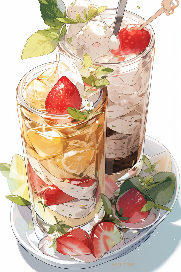 冰镇饮品治愈薄荷树莓插画