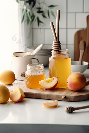 厨房的蜂蜜<strong>水果</strong>桃子小清新摄影图