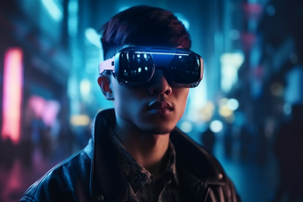 戴着虚拟未来眼镜的男人眼镜现实