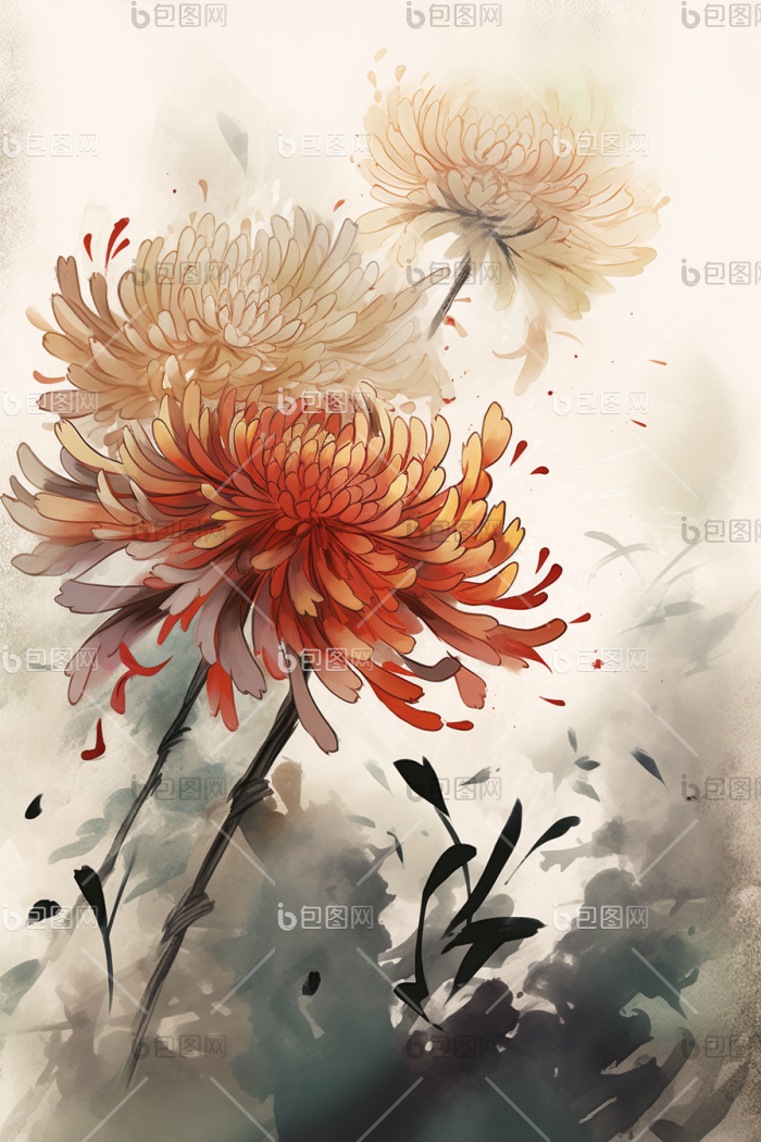 国风水墨工笔菊花中插画图片-包图网