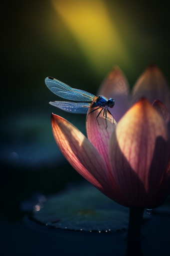 夏季莲花上的蜻蜓阳光明媚专业摄影