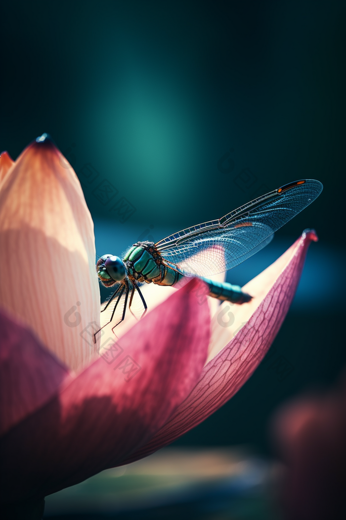 夏季莲花上的蜻蜓一个微距摄影
