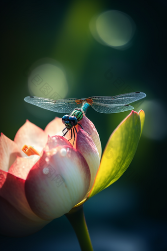 夏季莲花上的蜻蜓专业微距摄影
