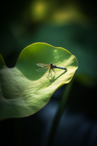 夏季荷叶上的蜻蜓阳光明媚微距