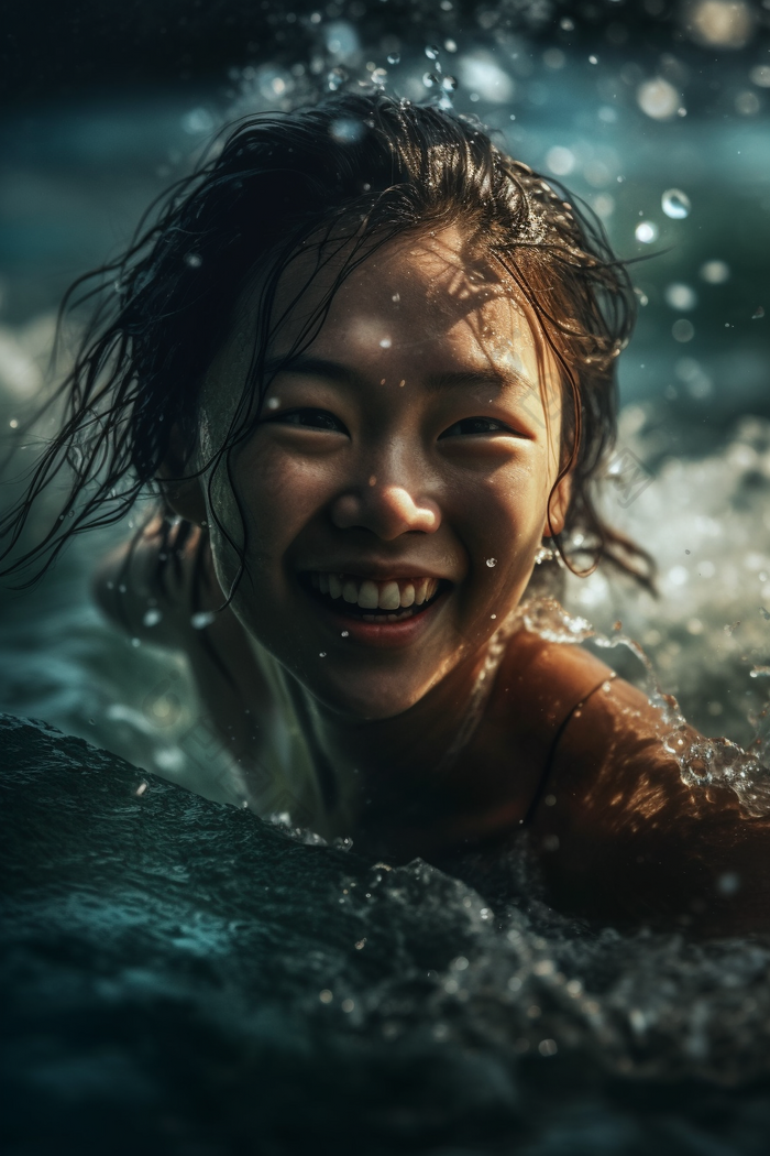 在海上嬉笑的女孩游戏游泳
