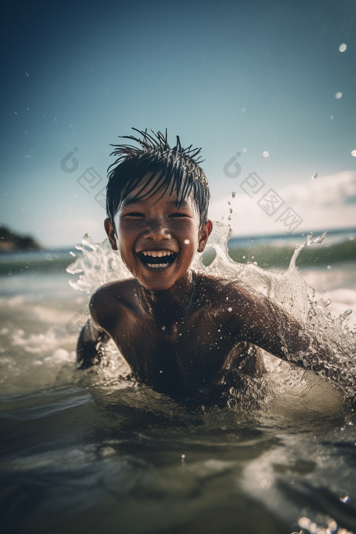 水中嬉戏的男孩花朵笑声游泳