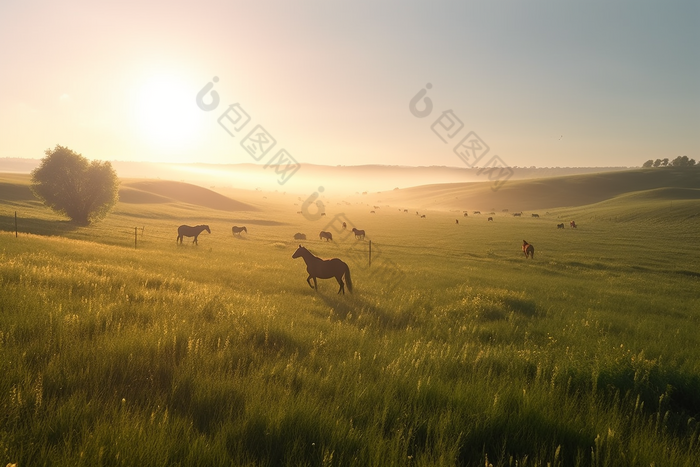 清晨日出的牧场摄影图数字艺术4
