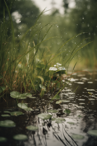 雨季的<strong>池塘</strong>下雨清晰