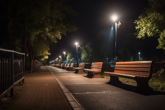 夜晚长椅灯光街边路面路灯天空,