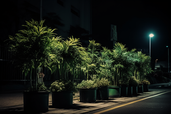 夜晚植物盆栽路灯街边路面摄影图22